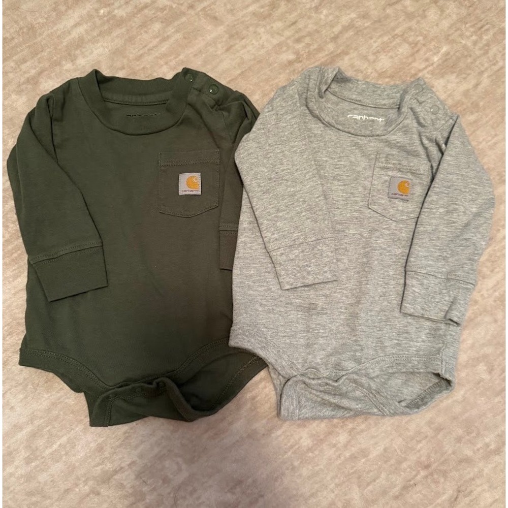 Carhartt Baby Boys Long Sleeve Pocket Bodysuit 2-Pack Olive Grey 3M